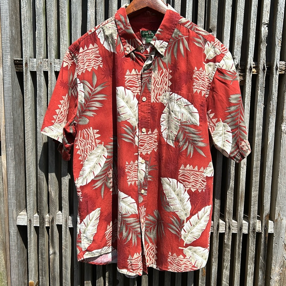 Hawaiian Classic Mens Shirt XL button up short sleeve pocket leaf print red tan
